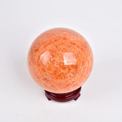 JIC Gem Natural Sunstone Sphere Ball with Wooden Stand for Fengshui Rare Healing Crystal Decoation