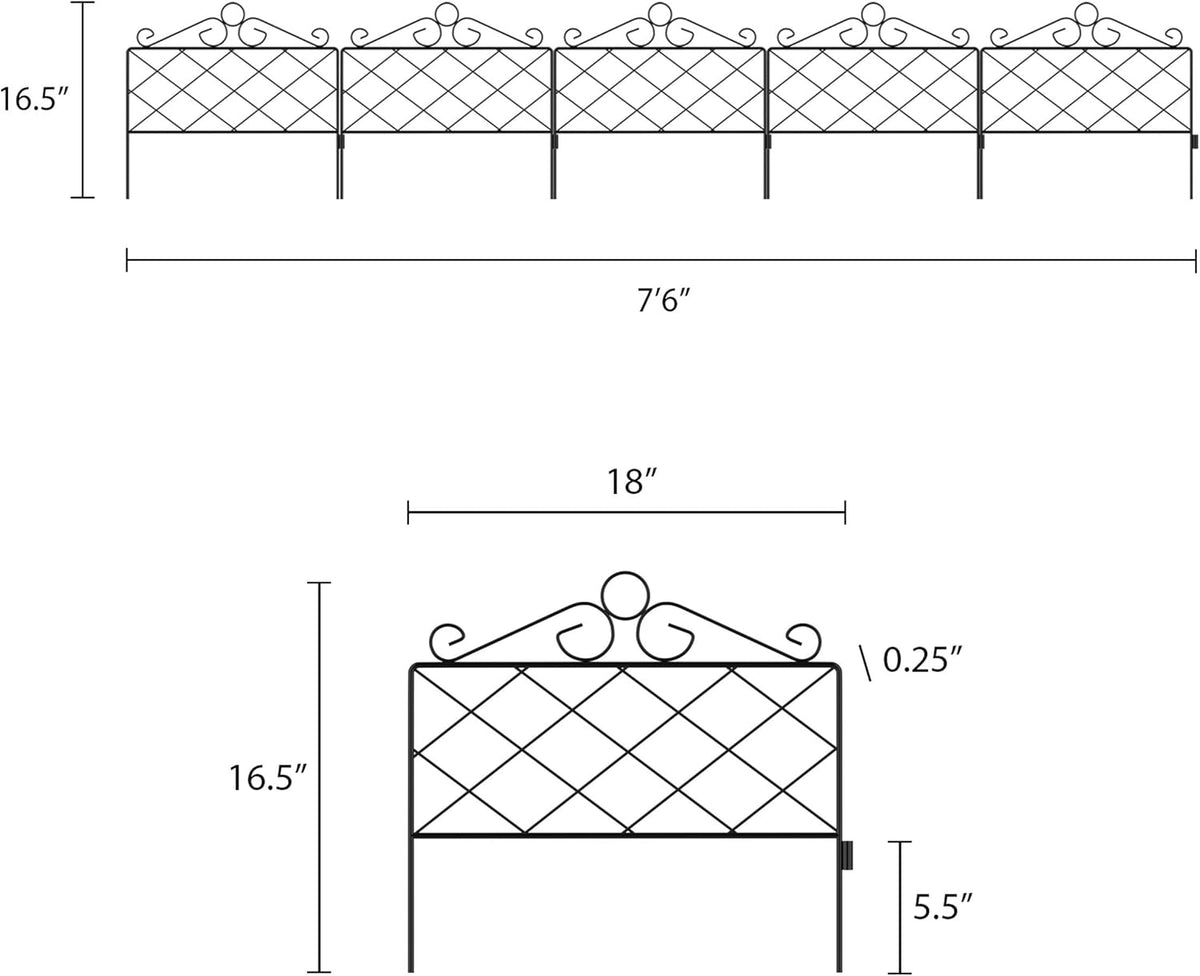 Metal Garden Fencing- Set of 5 Panels for Decorative Edging Flower Beds & Landscaping