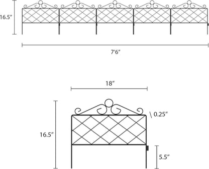 Metal Garden Fencing- Set of 5 Panels for Decorative Edging Flower Beds & Landscaping