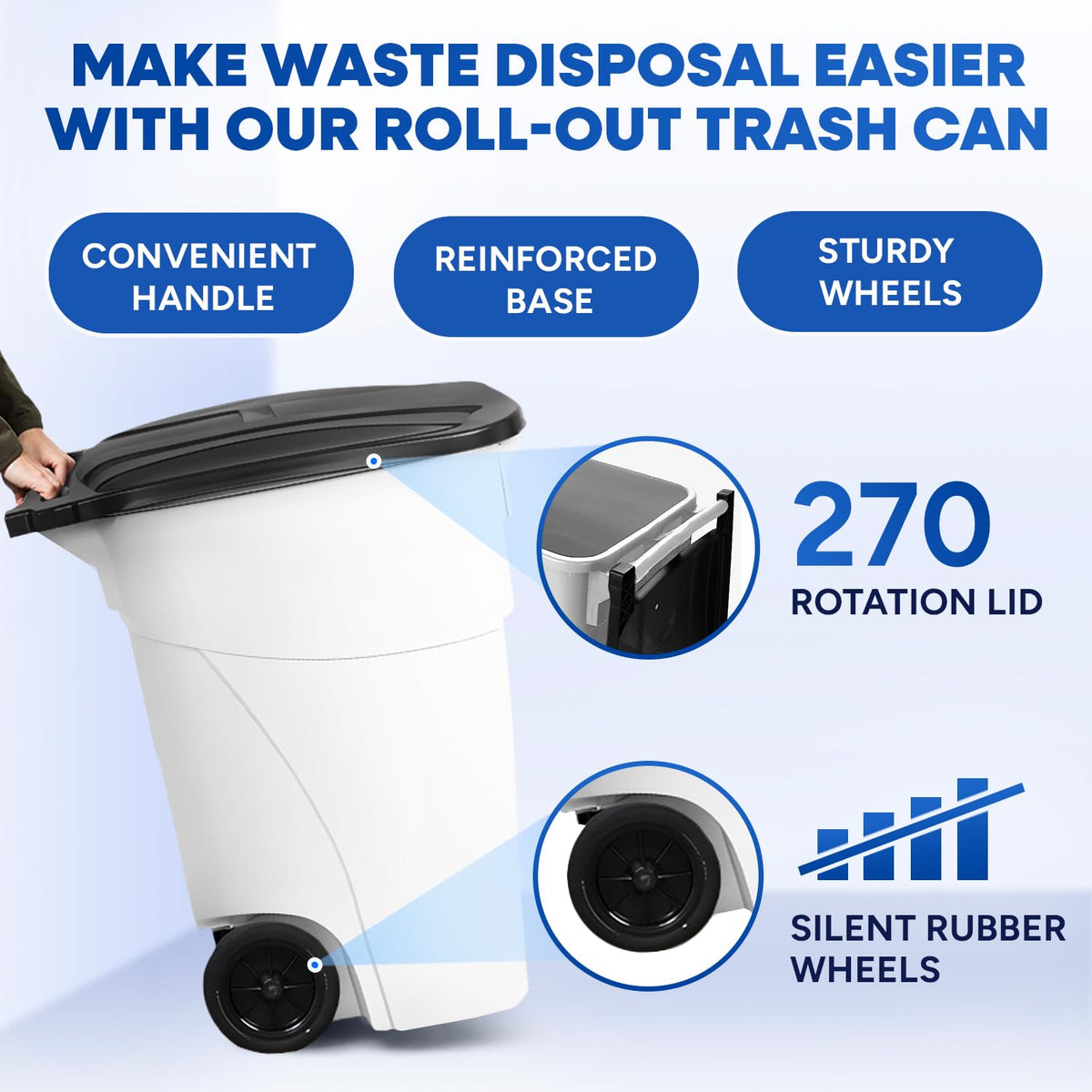 50 Gallon Trash Can, White Outdoor Garbage Can, Wheeled Outside Trash Bin Outdoor with Lid and