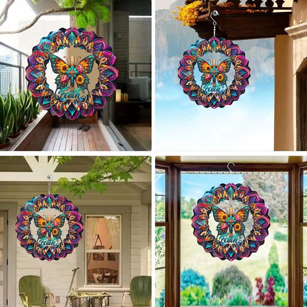 Cross Wind Spinner, Metal Wind Spinners Outdoor/Indoor, Cross Butterfly Hanging Garden Decor for