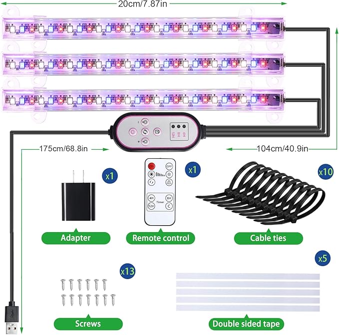 7.8'' 3 Head LED Grow Light Strips, Grow Lamps for Indoor Plants Full Spectrum, Plant Light with