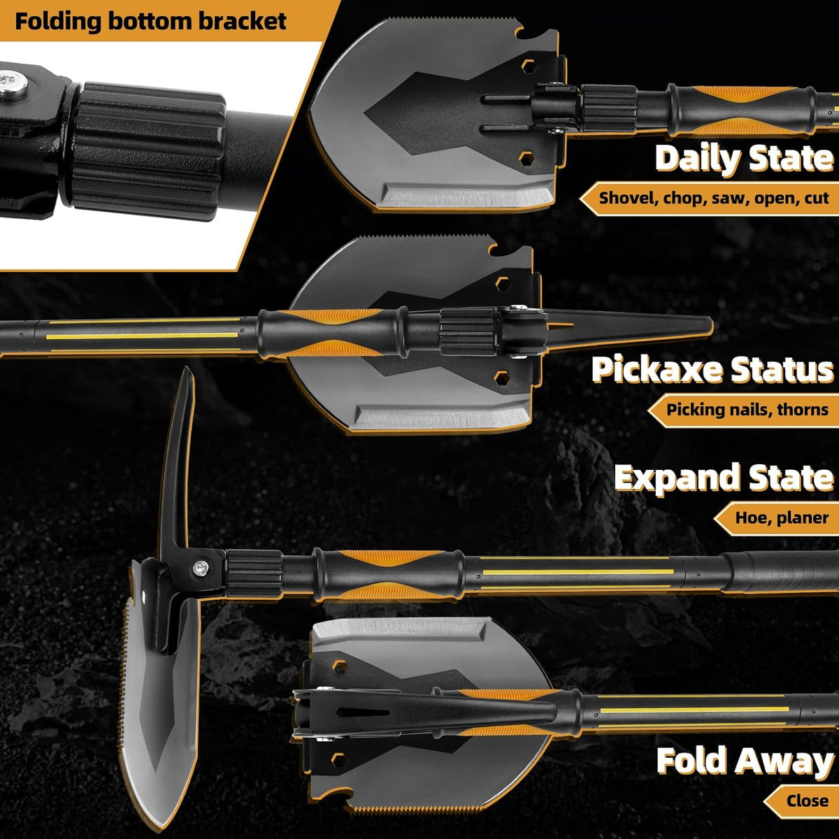 28" Tactical Folding Shovel Military Multi-Tool - Entrenching Tool with Pick/Axe/Saw, Carry Case
