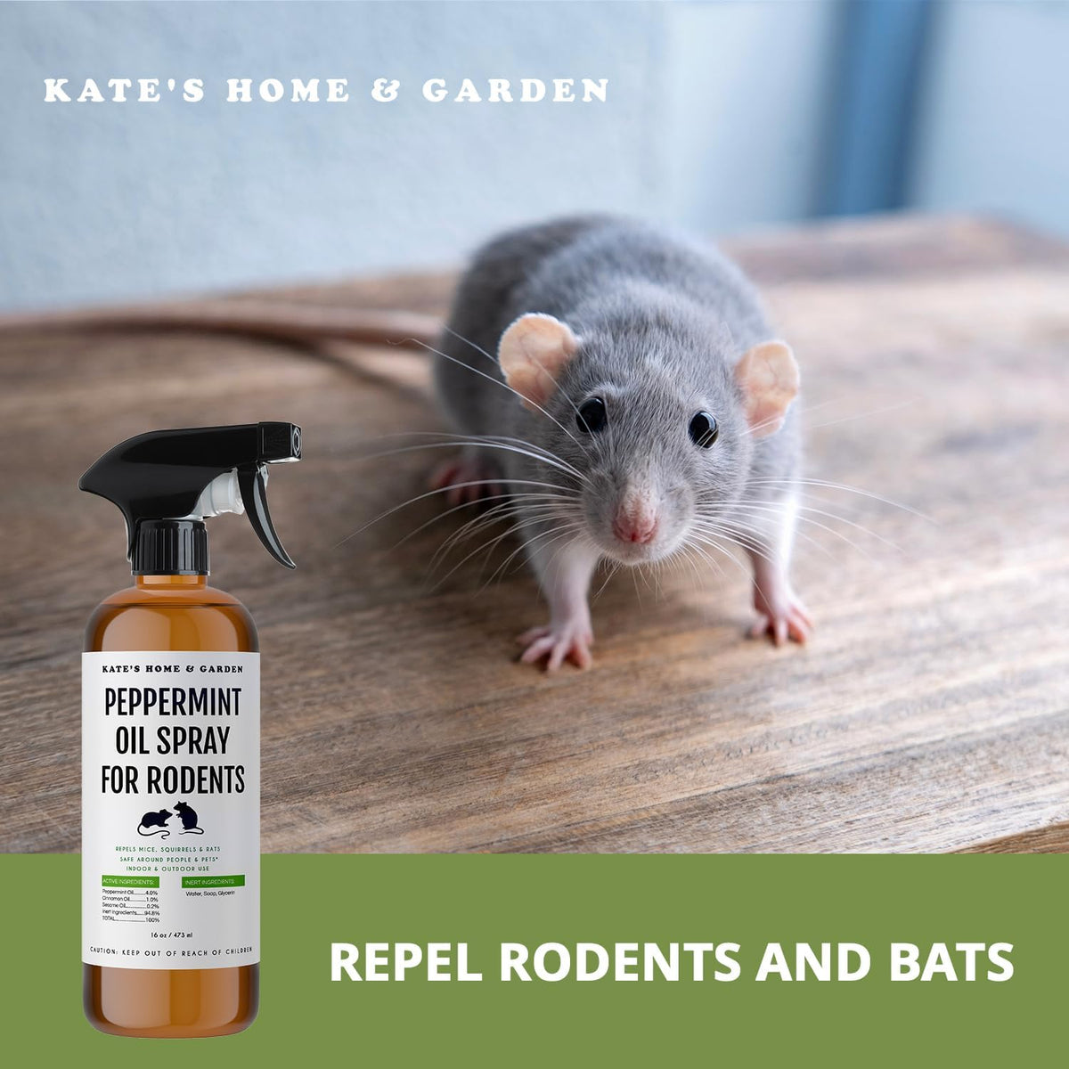 Kate Naturals Peppermint Oil Spray for Rodents, Squirrels, Mouse, Bat, Rat, Car Engines (16oz