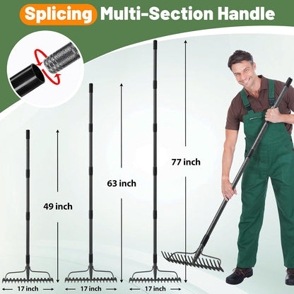 Garden Rake, 63 Inch Long Handle with 17 Tongs, Heavy Duty Metal Bow Rake for Loosening Leveling