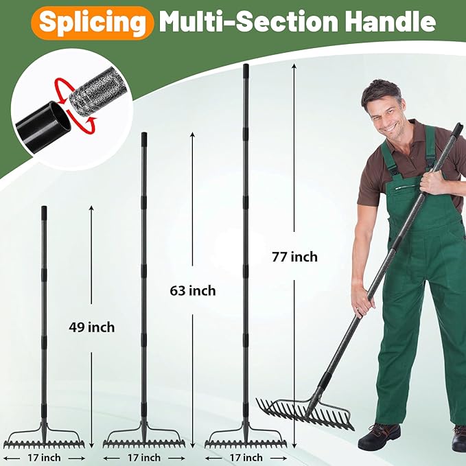 Garden Leaf Rake with 77 Inch Handle, Heavy Duty 17 Inch Wide Metal Garden Lawn Rake for Loosening