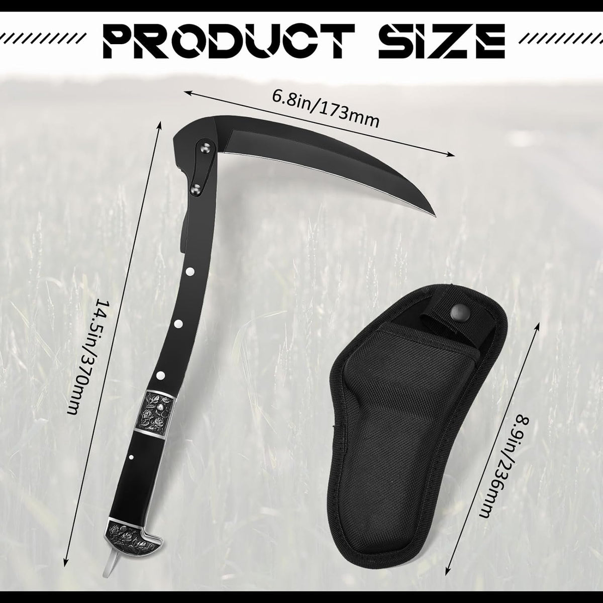 WILLBOND Black Sharp Folding Sickle Garden Tool Portable Safety Grass Hand Sickle Knife with Sheath