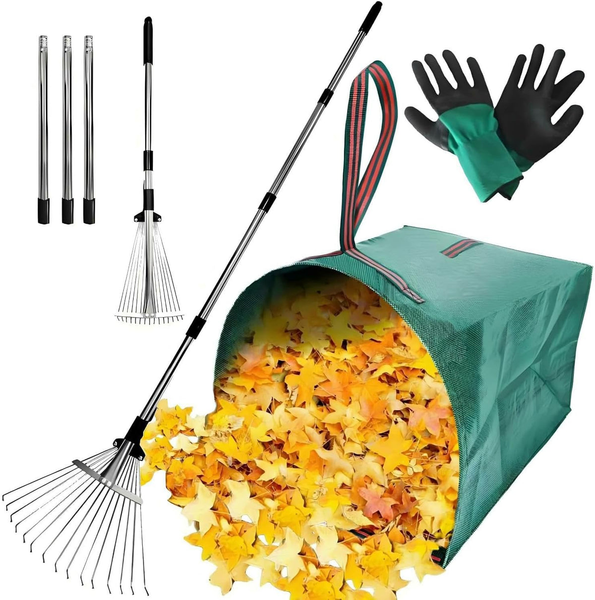 Leaf Rake for Lawns with 53 Gallon Dustpan-Type Leaf Bags,Heavy Duty Metal Garden Yard Rake Long
