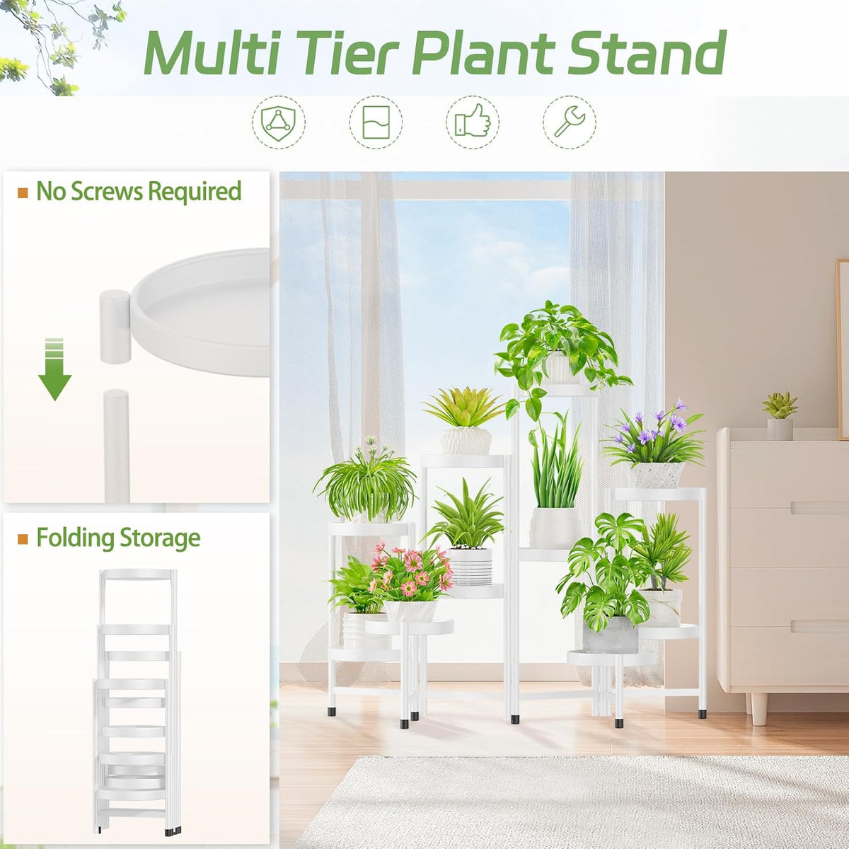 iDavosic.ly Plant Stand Indoor Outdoor, 10 Tier Corner Metal Flower Display Holder Shelf, Folding
