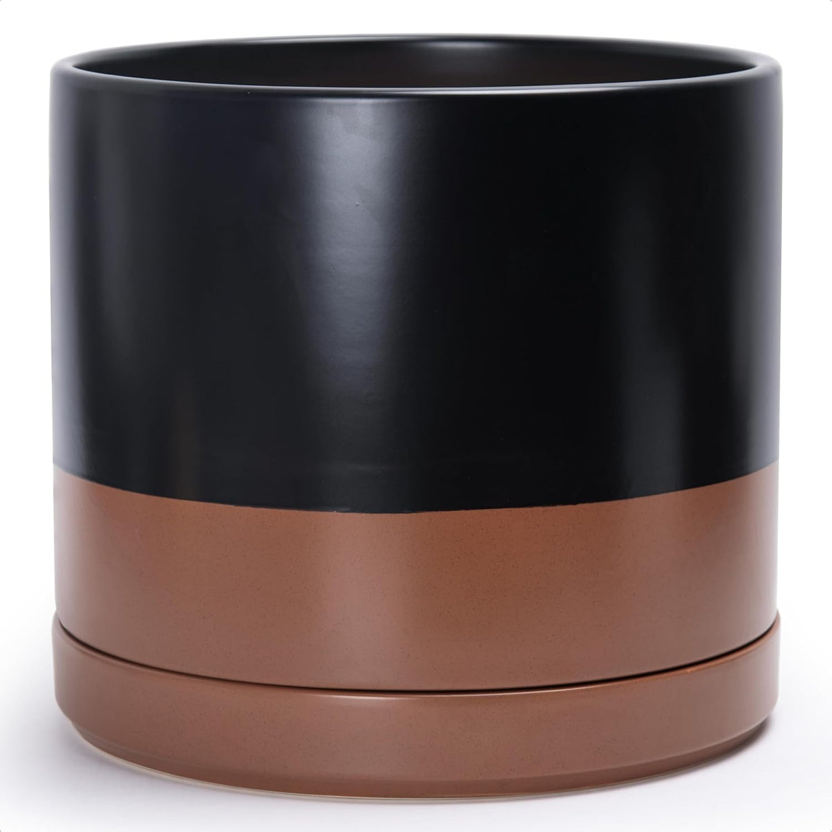 D'vine Dev 14 Inch Ceramic Planter Pot with Drainage Hole and Saucer, Indoor Cylinder Round Planter