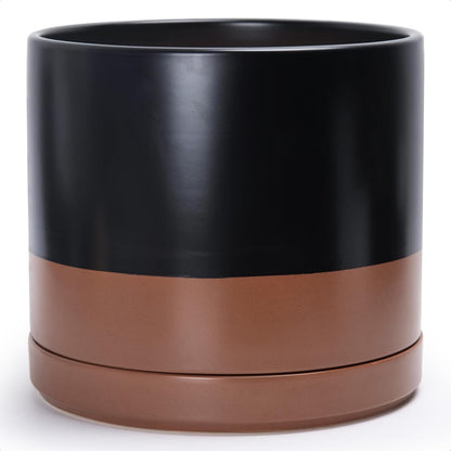 D'vine Dev 14 Inch Ceramic Planter Pot with Drainage Hole and Saucer, Indoor Cylinder Round Planter