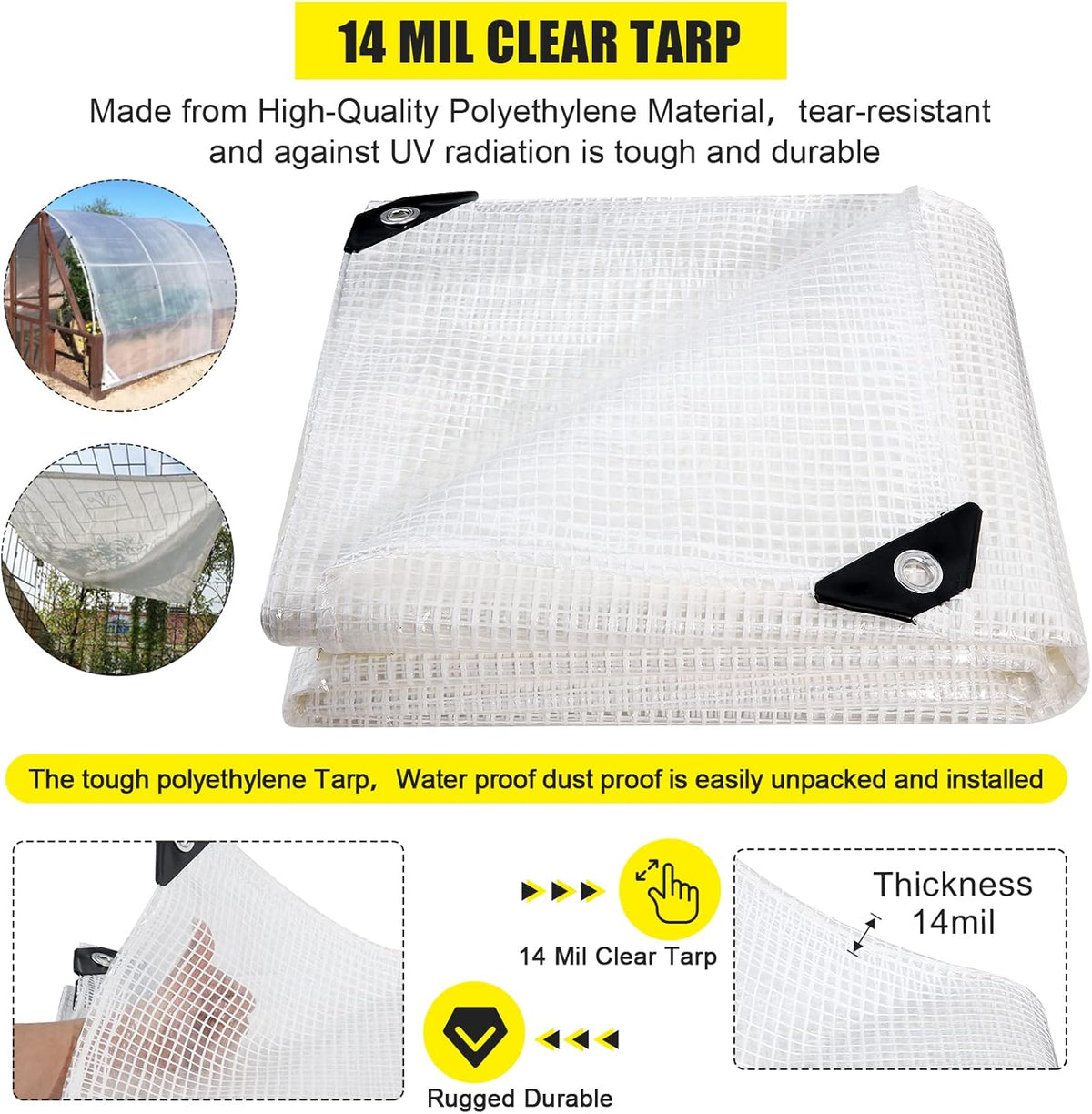 Clear Greenhouse Heavy Duty tarp 14 Mil Clear Waterproof Cover,UV Resistant Poly Tarp with Grommets