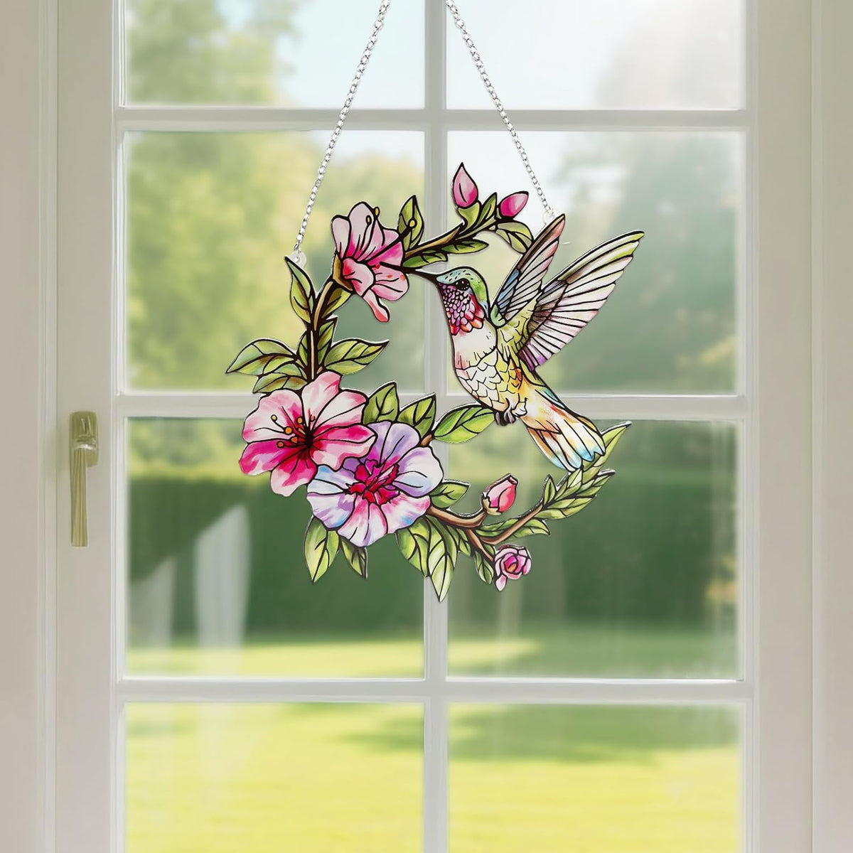 Stained Glass Window Hanging Hummingbird and Flower Suncatcher, Marzovitra 10 Inch Colorful Window