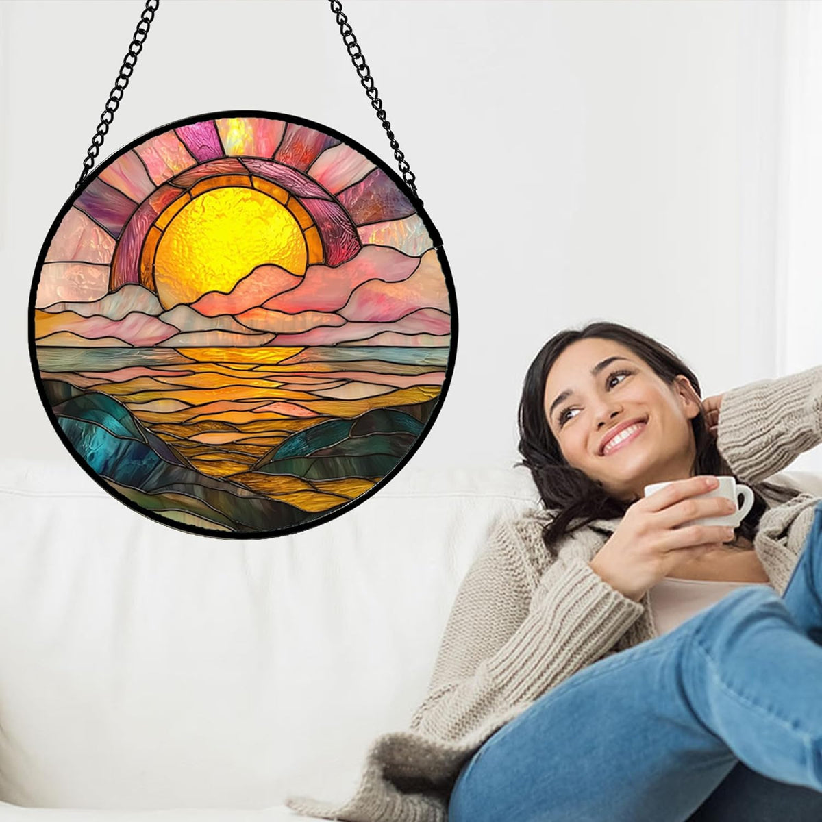 Stained Glass Window Hanging, Sunrise Over The Sea Suncatcher Diamond Glass Panel Hangings Abstract