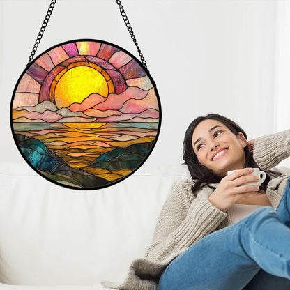 Stained Glass Window Hanging, Sunrise Over The Sea Suncatcher Diamond Glass Panel Hangings Abstract