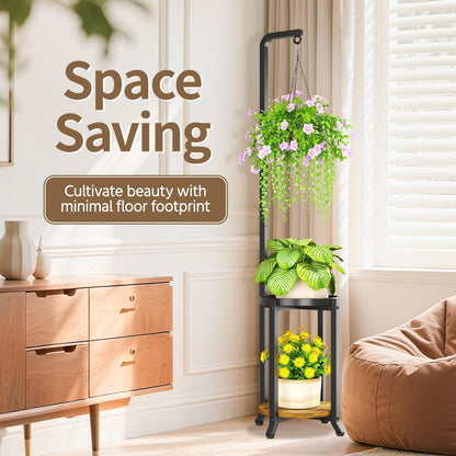 LASZOLA Black 2 Tier 61.5 Inch Tall Plant Stand Indoor with Hanging Ring, Large Heavy Duty Metal