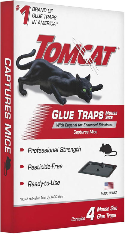 Tomcat Mouse Trap with Immediate Grip Glue for Mice, Cockroaches, and Spiders, Ready-to-Use, 4-Pack