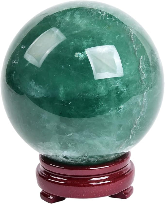 JIC Gem Large Healing Crystal Ball, Green Fluorite Crystal Sphere with Stand Crystal Decorative