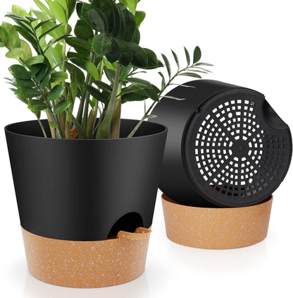 10-Inch Plant Pots, Self-Watering Planters with Drainage Holes & Saucers for Indoor and Outdoor