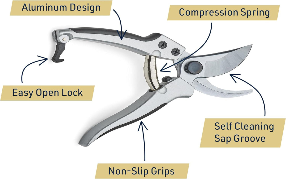 Kings County Tools 8" Steel Bypass Pruner | Spring-Loaded Snap Catch | Cast Aluminum with Rubber