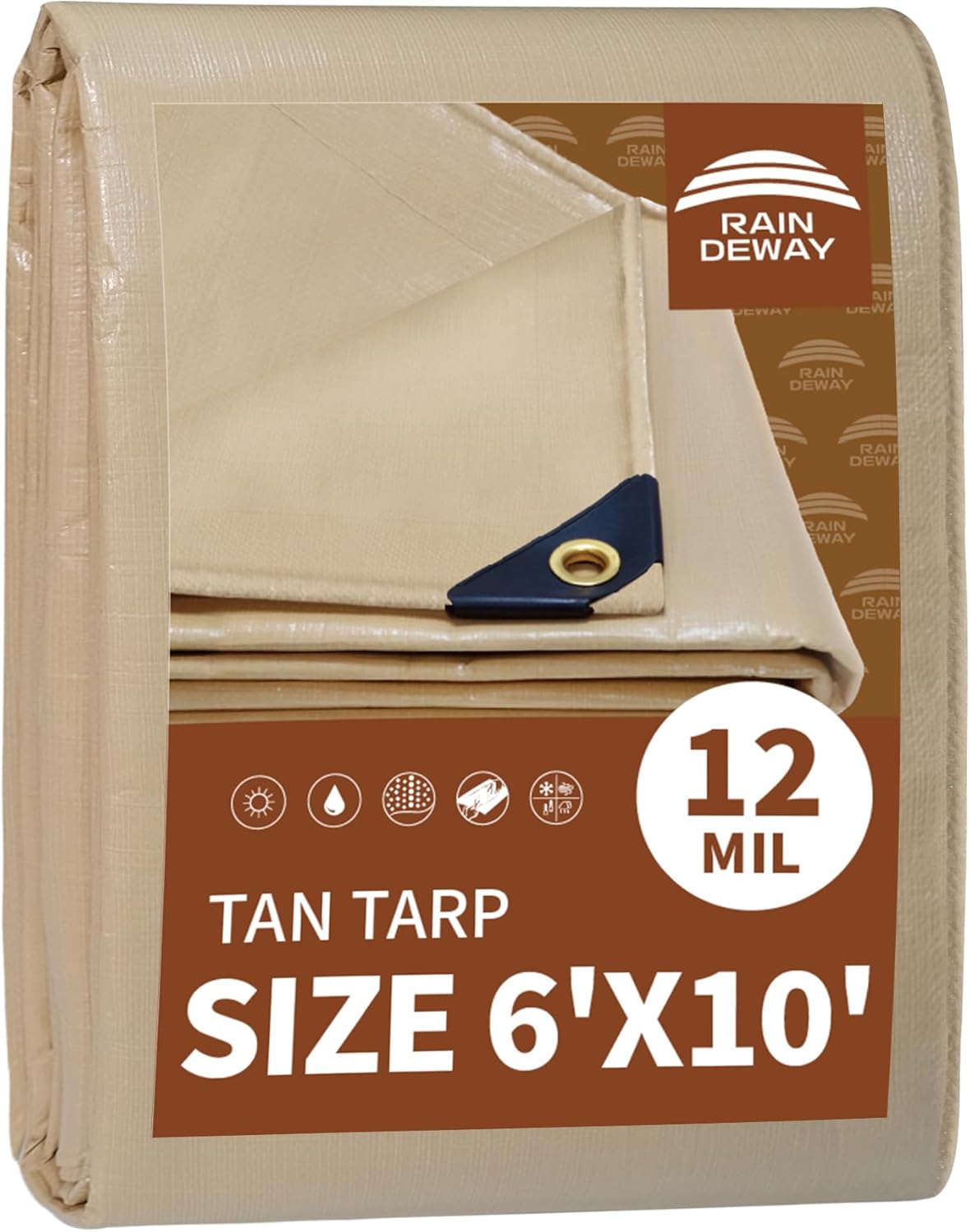 RAINDEWAY 6x10 Feet Heavy Duty 12 Mil Tan Poly Tarp Cover,UV Resistant,Weatherproof,Durable,Multipur