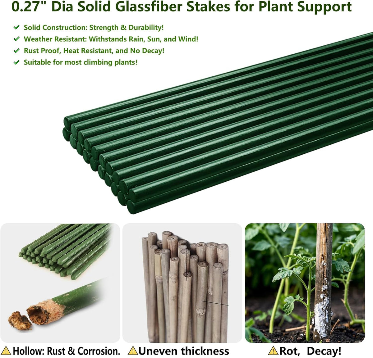 Garden Stakes 48 inch 20 Pack 0.27" Dia Solid Glassfiber Plant Support Rod Tomato Trellis Stakes