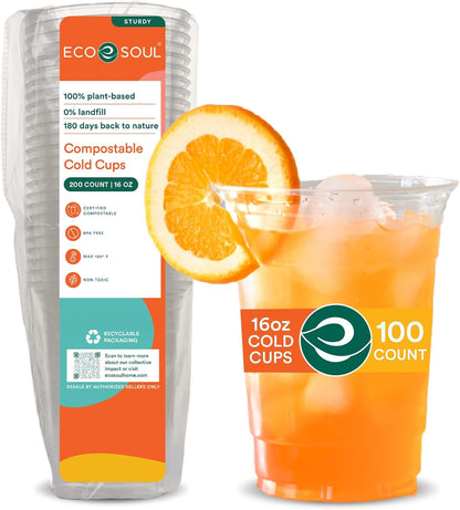 ECO SOUL 100% Compostable, Disposable Party Cups | Eco-friendly Party Cups | (100 Count, 16 oz Cold