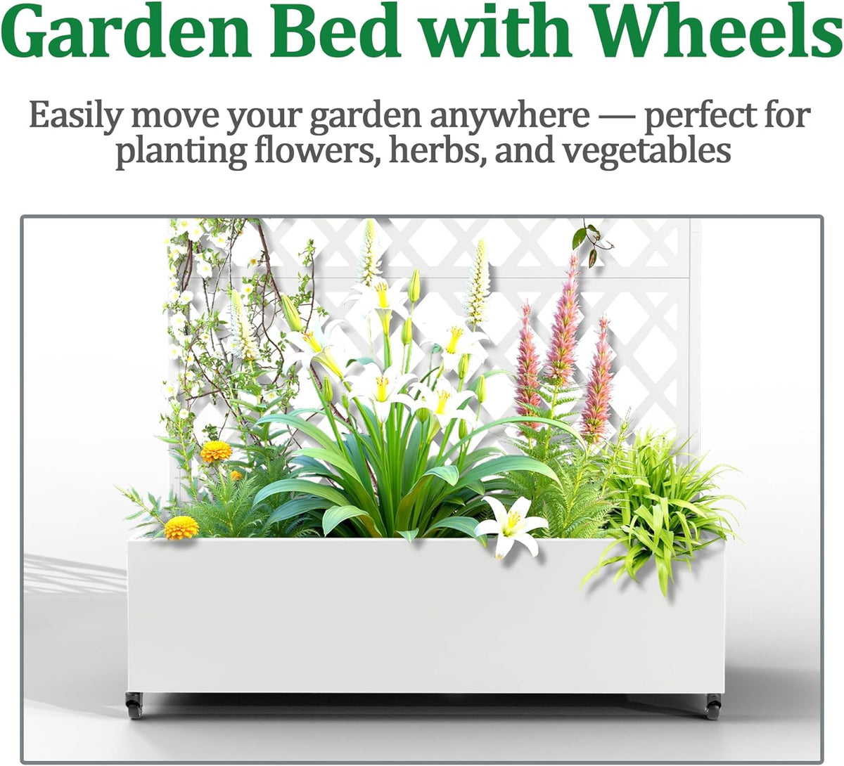 Metal Raised Garden Bed with Trellis and Wheels, 2 in 1 Trellis with Planter Box & Privacy Screen