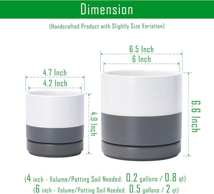 D'vine Dev 4.7 Inch & 6.5 Inch Ceramic Planter Pots for Plants with Drainage Hole and Saucer, Small