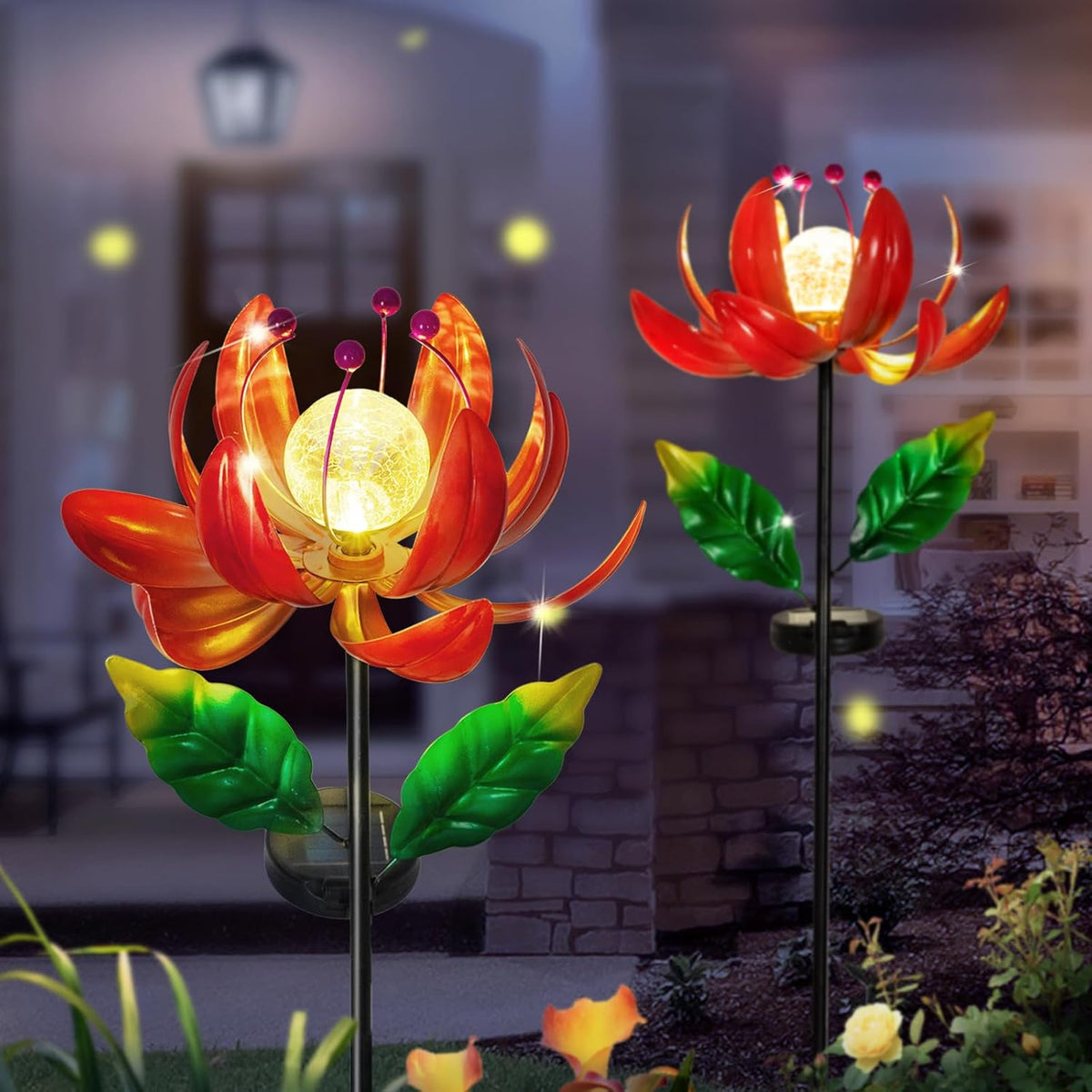 Solar Lights Outdoor Wind Spinners, Metal Lotus Flower Garden Decor with Waterproof LED Crackle