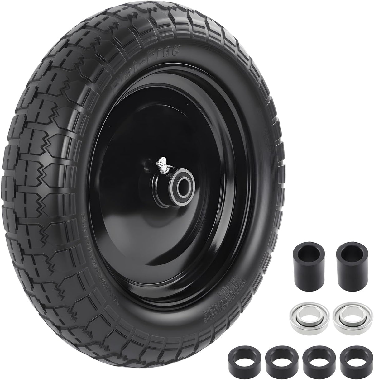 HQPASFY 14.5" Flat Free Tire 4.80/4.00-8 Wheelbarrow Tire and Wheel, 3" Centered Hub, 5/8" & 3/4"