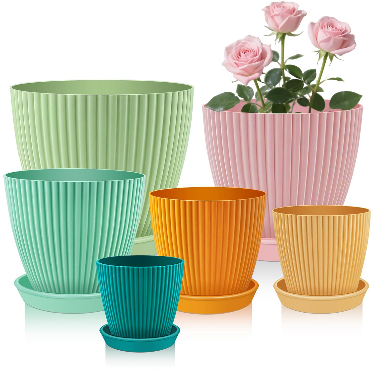 SupKing Plant Pots with Drainage Saucers 7.5/6.7/6/5/4/3.5 Inch Set of 6,Plastic Flower Pots