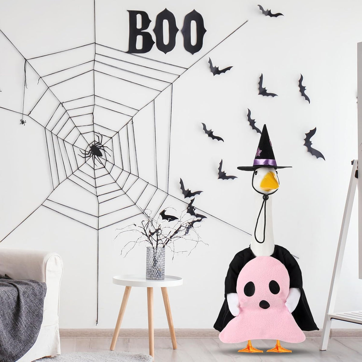Sanwuta 1 Set Halloween Porch Goose Outfit Pink Ghost Pillow Design with Witch Hat for 23" Lawn