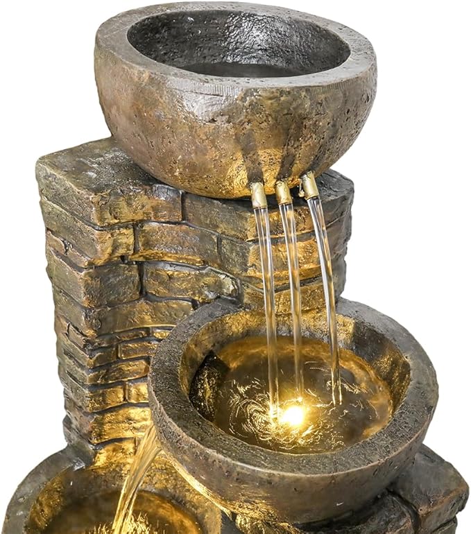 38.2 ''H Cascading Bowls and Stacked Stones with Led Lights Outdoor Water Fountain for Gardens