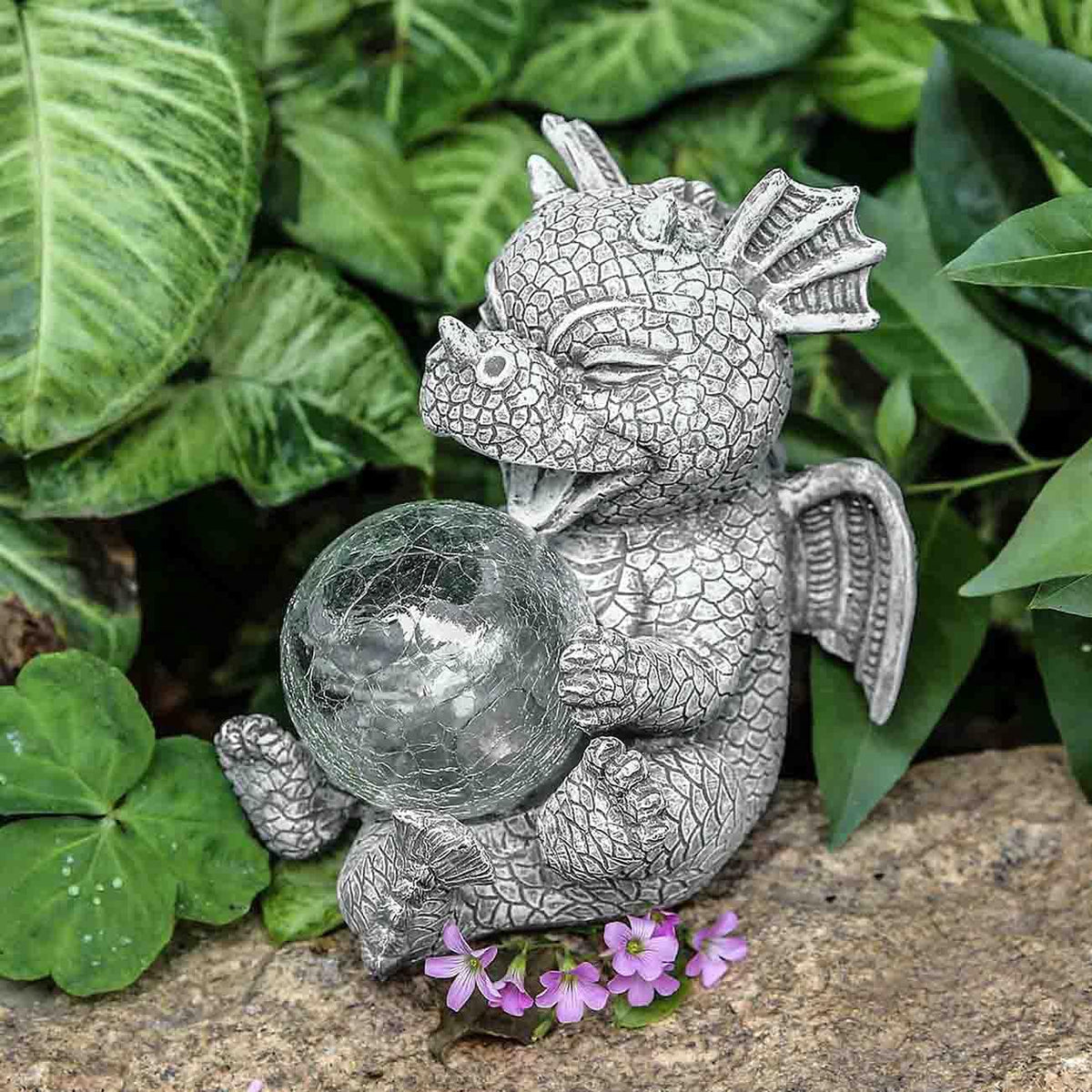 Garden Dragon Statue Solar Powered Outdoor Figurine Light Decor Cute and Hold Glowing Glass Ball