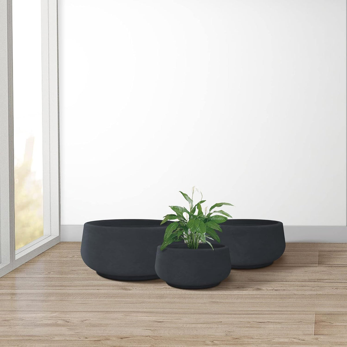 Kante 21.6",16.9",and 12.5" Dia Round Charcoal Elegant Planters (Set of 3), Outdoor Indoor Garden