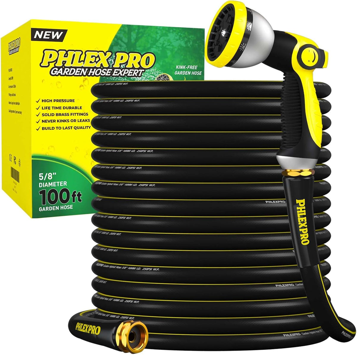Garden Hose 100FT with 10 Pattern Spray Nozzle - PHLEX PRO Heavy-Duty 5/8'' Rubber 3-Layer Garden