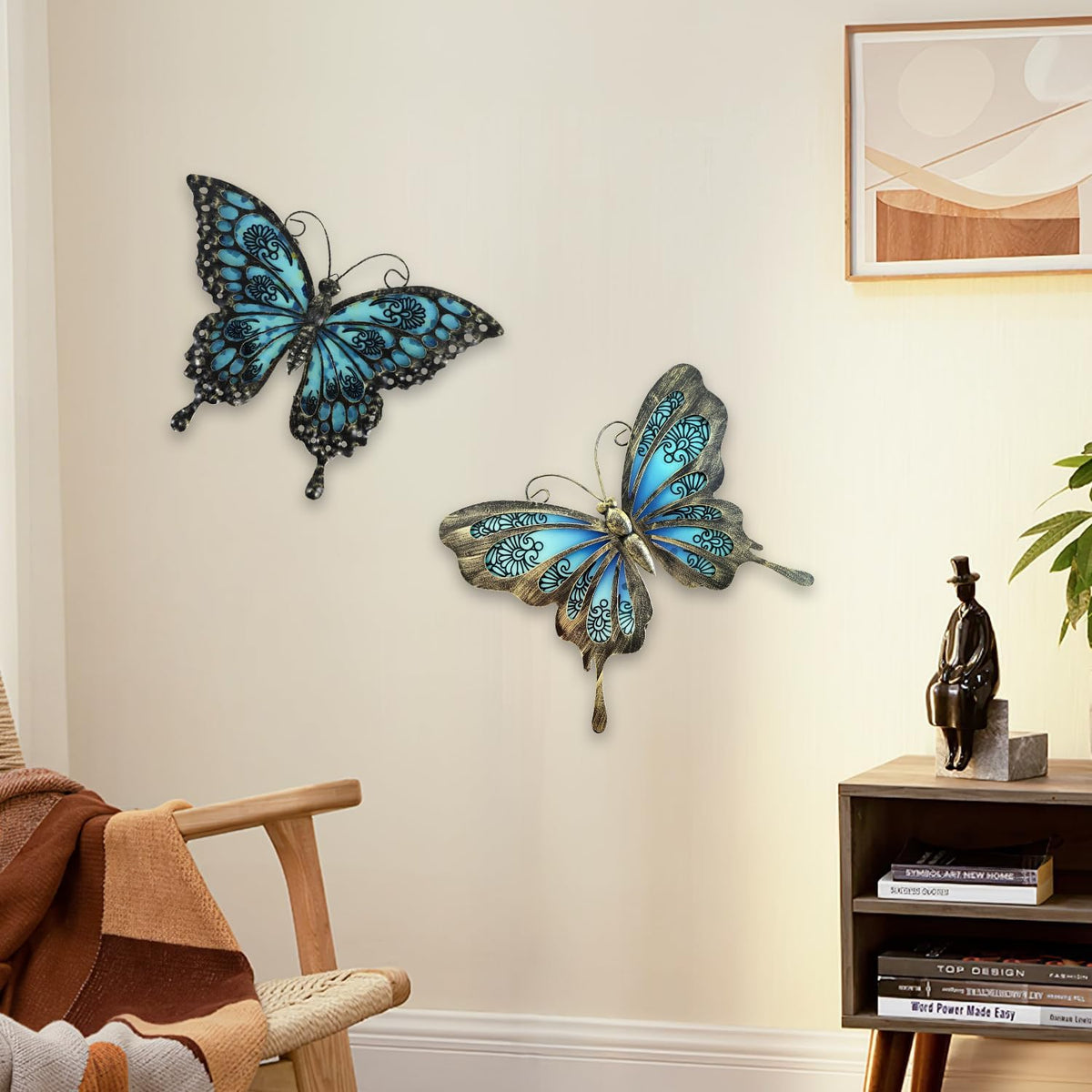 LIFFY Metal Butterfly Wall Decor,2Pack 12" Hanging Glass Butterfly Outdoor Decor,Garden Decorative
