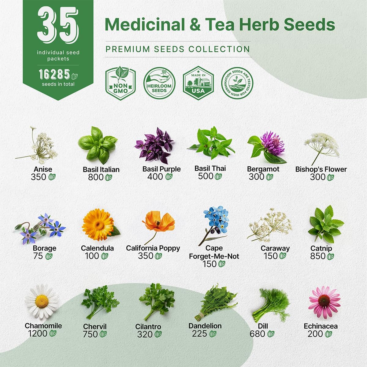 35 Medicinal & Tea Herb Seeds Variety Pack for Indoor & Outdoors. 16,335+ Non-GMO Heirloom Garden