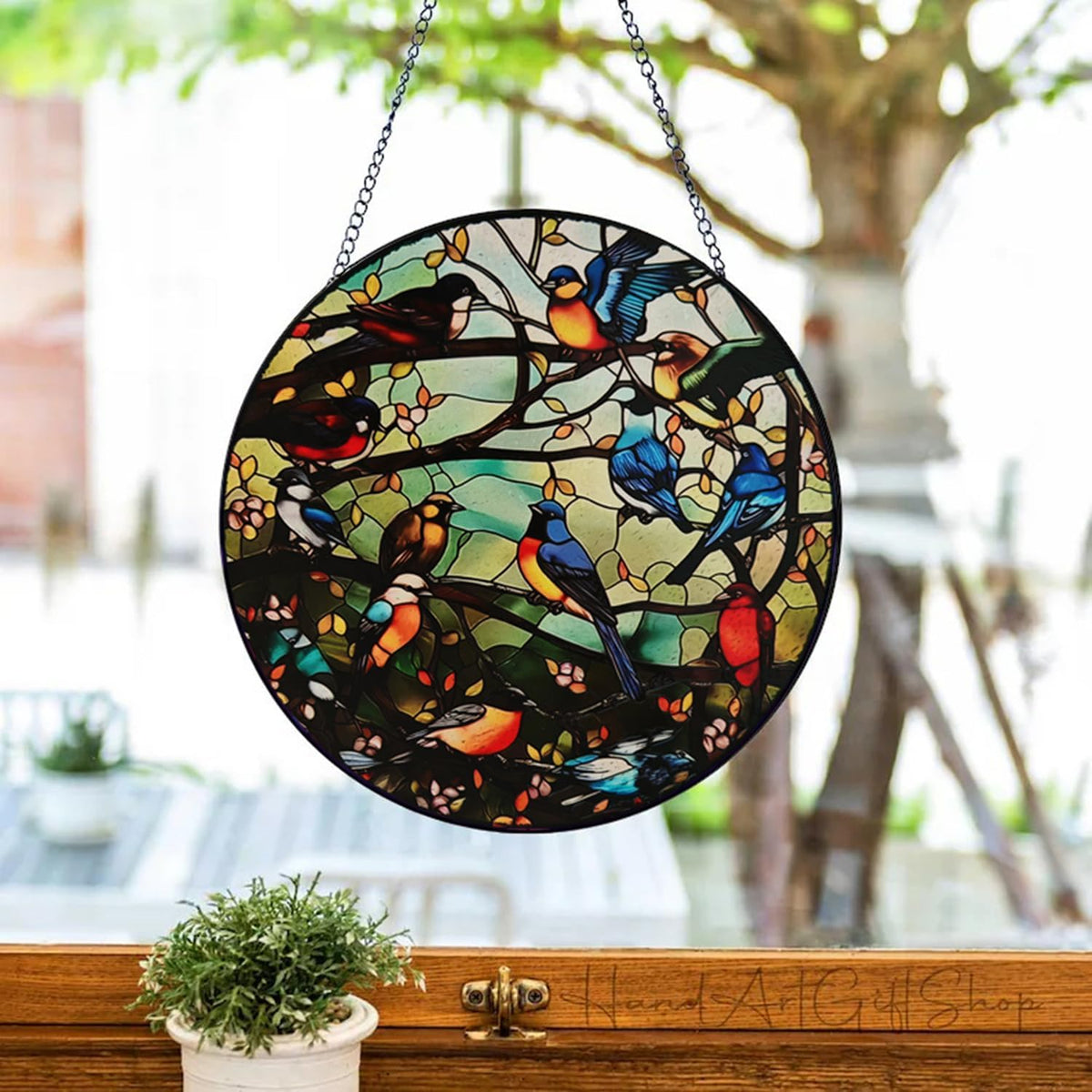 Colorful Hummingbird Suncatcher -7.9 in Stained Glass Window Hanging Sun Catcher Garden Decor