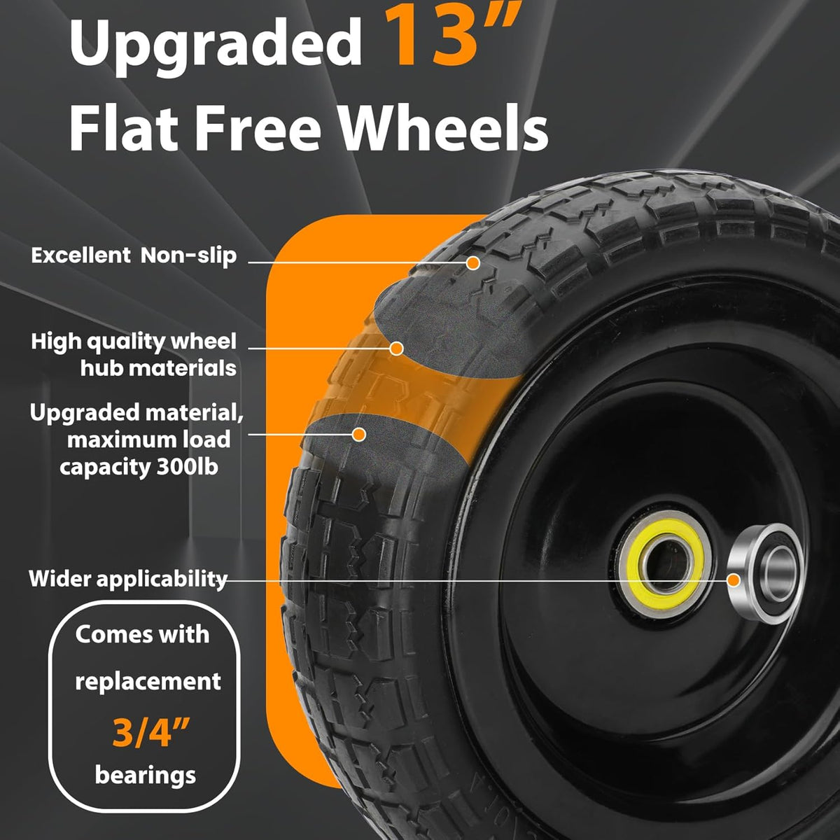 13" Flat Free Wheels Replacement for GOR Garden Cart Tires, 4.00-6 Solid Tires with 5/8"Bearings