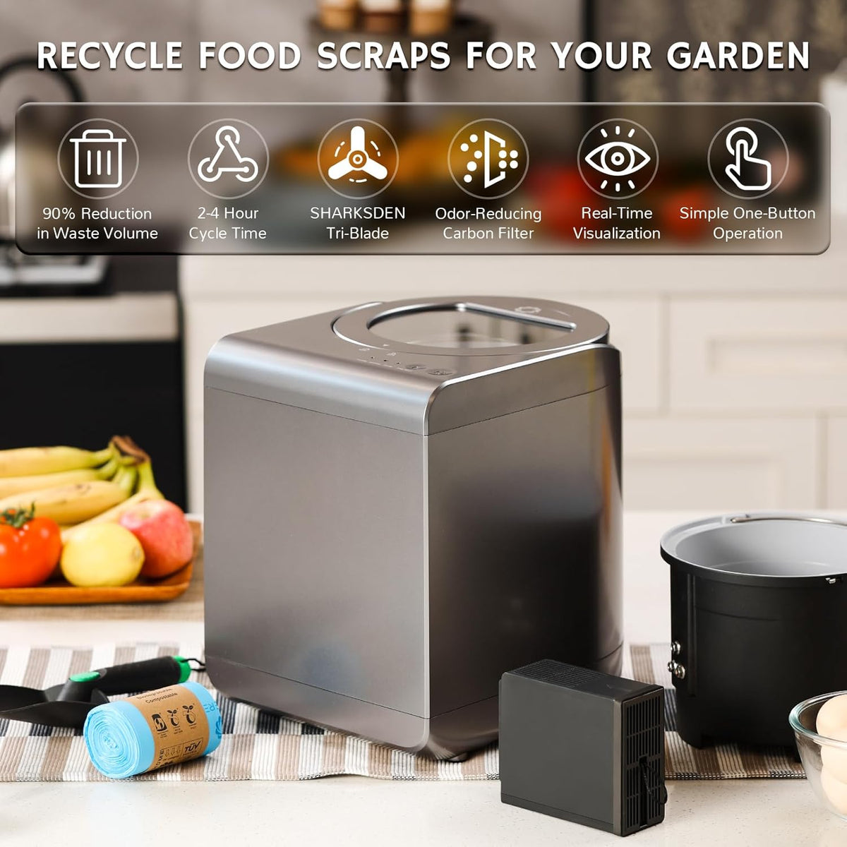 Airthereal Revive Electric Kitchen Composter with Visual Cover, Upgraded SHARKSDEN® Tri-Blade, Turn