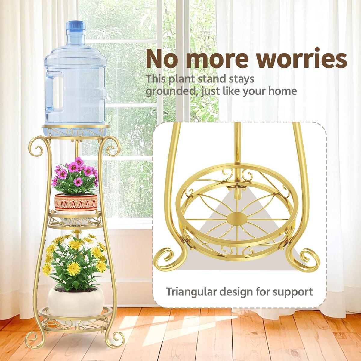 LASZOLA 3 Tier Gold Metal Plant Stand for Multiple Large Planters Indoor Outdoor Organizer, Heavy