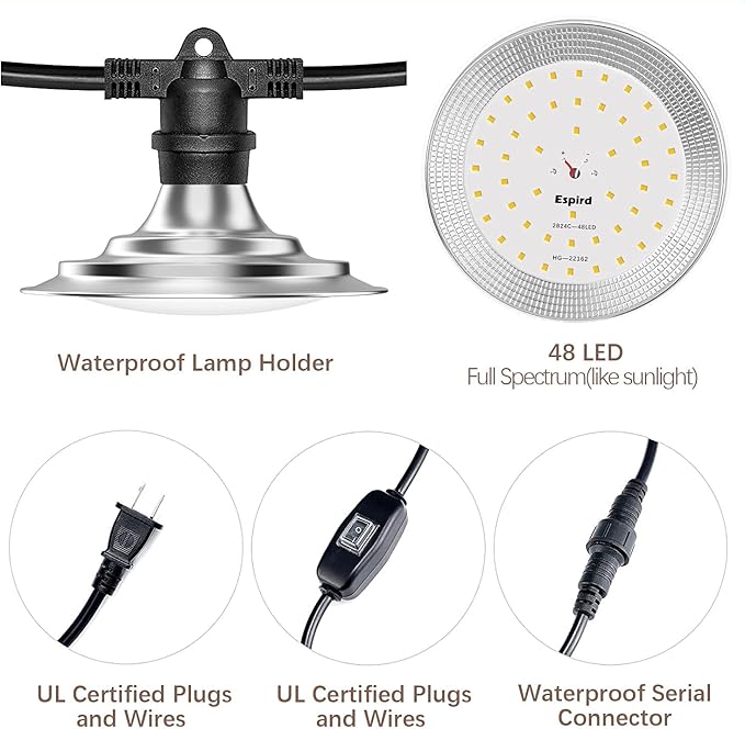 Espird Outdoor LED Grow Lights for Greenhouse 12-Light Waterproof String Grow Light, Full Spectrum