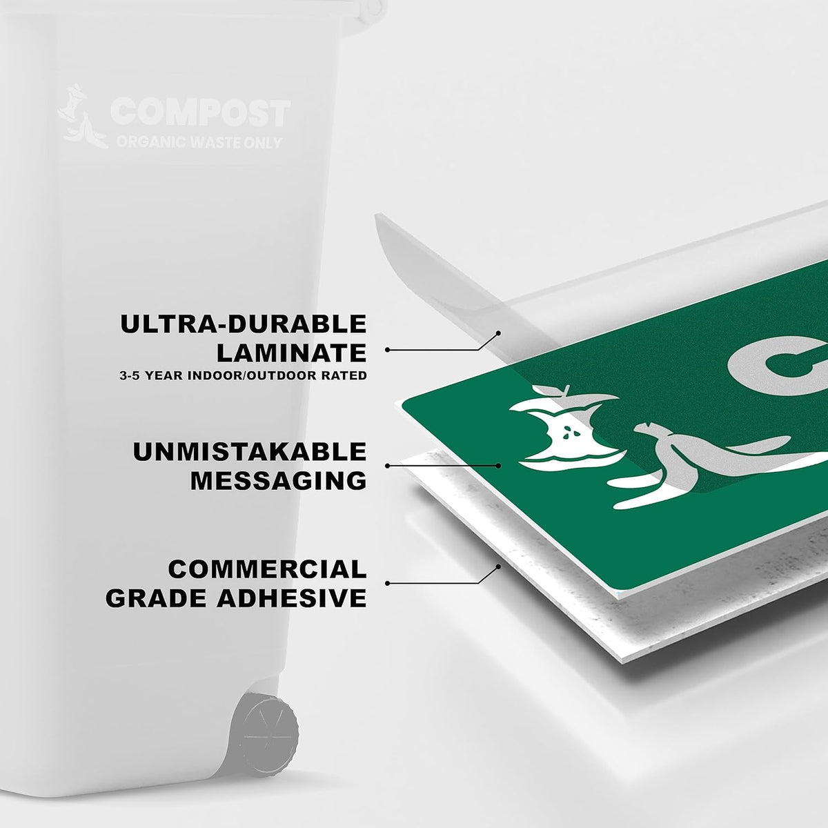 Compost Sticker - Organic Waste Only Bin Label - 3-5 Year Indoor/Outdoor Rated - Heavy Duty