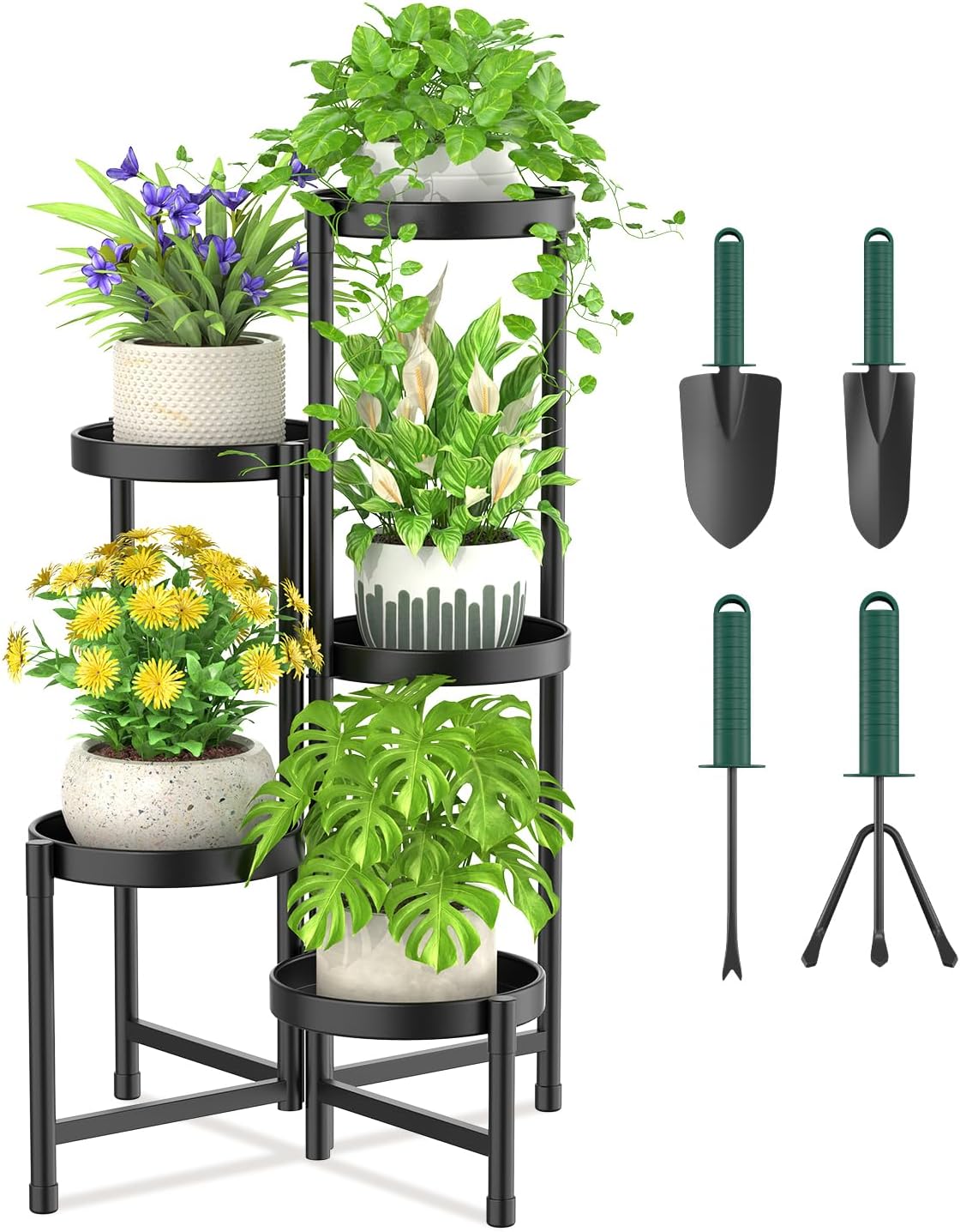 iDavosic.ly Plant Stand with Garden Tools, 5 Tier Corner Metal Flower Display Holder Shelf Indoor