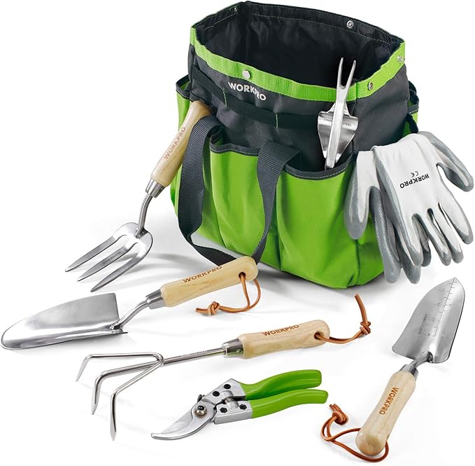 WORKPRO Garden Tools Set, 8 Piece, Stainless Steel Heavy Duty Gardening Tools with Wooden Handle