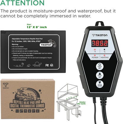 Tikaton Reptile Heating Pad and Digital Thermostat Combo Set, Under Tank Heater for