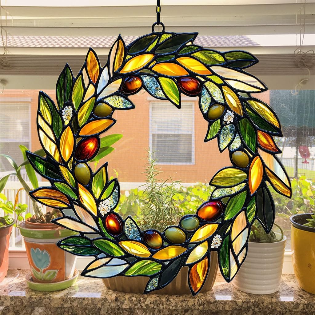 Mistletoe Wreath Acrylic Suncatcher Stained Glass Effect Window Car Hanging Christmas Ornament