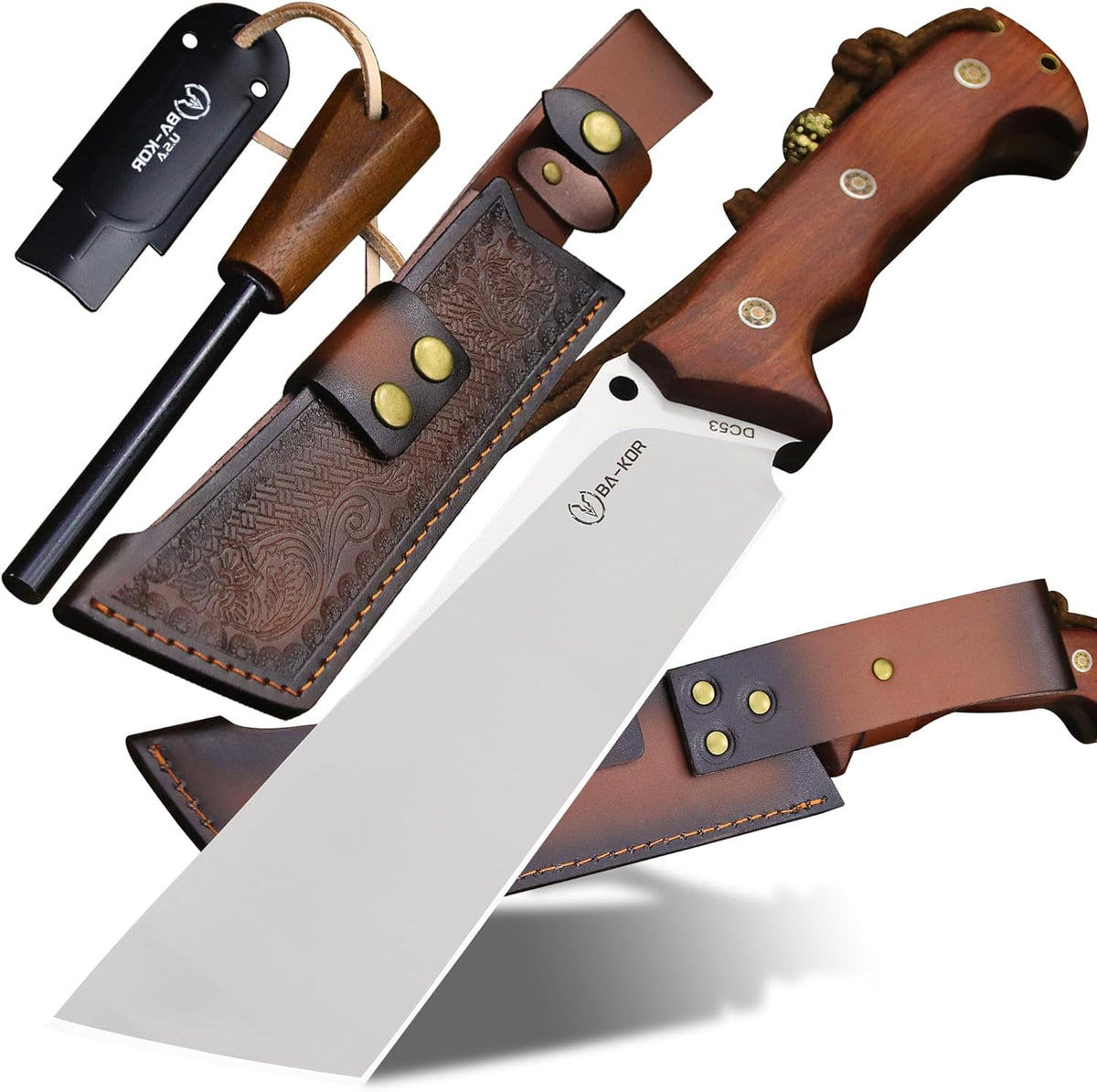 BA-KOR 14-inch full Tang 8mm thick DC53 steel-wood handle brass rivet reinforced one-piece knife +